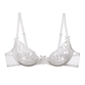 Détail d'un soutien-gorge en dentelle florale blanche avec armatures et petit nœud