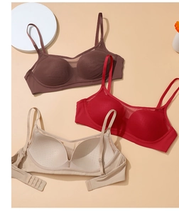 Detail view of seamless wire-free bras with sheer mesh trim and adjustable hook-and-eye back