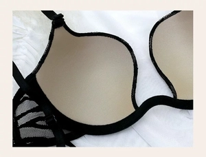 Dettaglio di reggiseno push-up nero con coppe nude e ali laterali in pizzo fine