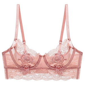 Lace embroidery minimizer bra with sheer rose floral patterns and eyelash trim in pink