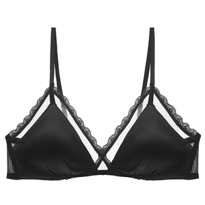 Detail of black satin triangle bralette with lace trim and mesh V-neck patchwork design