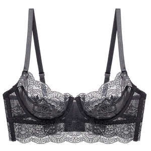 Detail of sheer black French lace bra showing semi-transparent mesh and intricate floral patterns