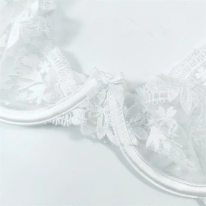 Vue macro détaillée d'un soutien-gorge en dentelle blanche avec bordure en satin et nœud