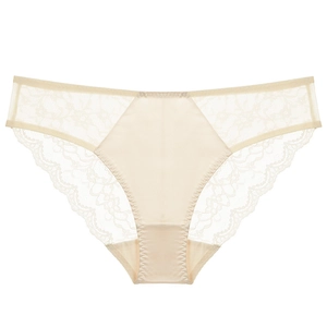 Beige floral lace panties for women featuring a silky front panel and breathable low-rise fit