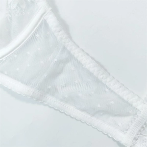 Détail de lingerie en mesh blanc avec broderie florale en dentelle et motifs à pois