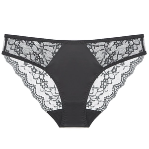 Elegant black lace panties for women featuring silk-satin panel and floral embroidery