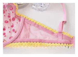Dettaglio del reggiseno in mesh rosa con ricami floreali e bordo in pizzo giallo vivace