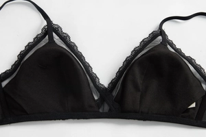 Detailed macro view of black wireless triangle bra featuring lace trim and mesh fabric
