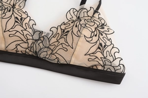 Detailed close-up of intricate black floral lace embroidery on breathable mesh lingerie