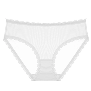 Detail of white mesh lace panties showing the delicate floral trim and breathable fabric