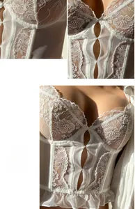 Detailed white floral lace corset with underwire support and hollow out front design