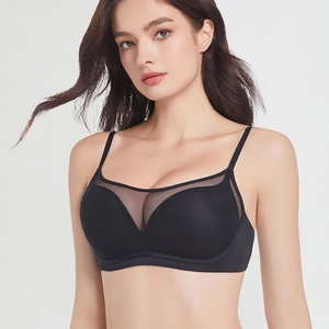 Women French Sexy Seamless Wireless Bra Mesh Patchwork V-Neck Thin Straps Gathered Breathable Underwear Bralette Comfort Lingerie