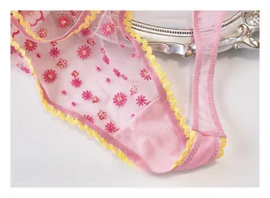 Dettaglio delle mutandine in rete rosa con ricamo di margherite e pizzo giallo