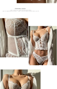Close-up of white embroidery lace lingerie set featuring mesh details and bow accents