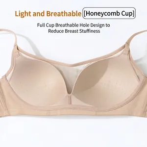 Seamless nude French push-up bra with honeycomb breathable cups and mesh trim