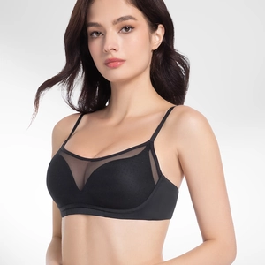 French style seamless black mesh bra with thin straps and push-up effect for women