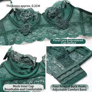 Green French floral lace bra with ultra-thin breathable mesh cups and four-row hooks