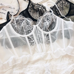 French style floral lace corset lingerie set with boning and mesh ruffles in white and black