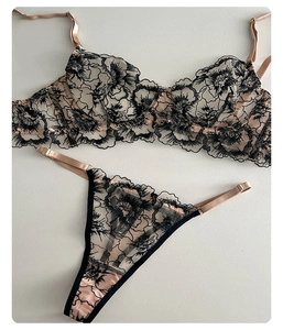 Dettaglio del set di lingerie in pizzo con ricamo floreale e spalline regolabili nere