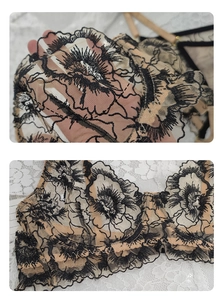 Dettaglio macro del pizzo ricamato floreale francese sulla coppa del reggiseno nero