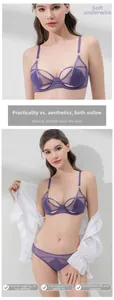 Detail of purple mesh lace lingerie set featuring soft underwire and sheer fabric
