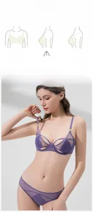Detail of purple sheer mesh lingerie set featuring crystal cups and soft underwire design