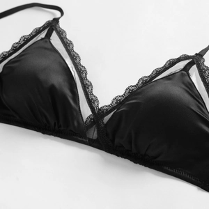 Sexy black satin and lace bralette set with wireless triangle cups and sheer mesh details
