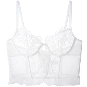 Detail of white floral lace bustier with underwire support and ruffled hemline
