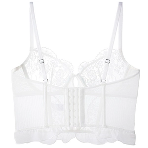 Detailed back view of white lace bustier with hook-and-eye closure and mesh panel