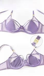 Close-up of purple lace mesh bra showing fine straps and decorative gold metal rings
