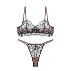 Completo intimo in pizzo francese ricamato a fiori con rete trasparente in nero e marrone