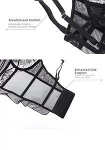 Detail of adjustable straps and high side wings on a black lace floral corset bra