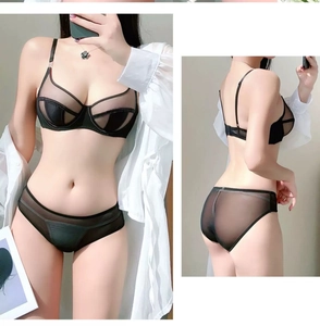 Front and back view of sexy black sheer mesh lingerie set with supportive underwire design