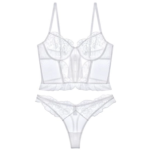 White lace corset lingerie set with sheer floral embroidery and delicate ruffles