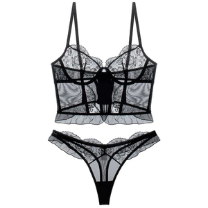 Sexy black lace lingerie set with sheer mesh corset top and matching floral lace thong