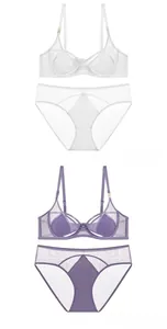 Detailed flat lay of French style mesh bra and high-waisted panty sets in white and purple