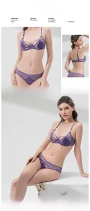 Detailed view of sheer purple mesh lingerie set with delicate lace trim on white background
