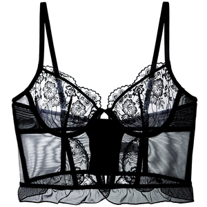 Sexy Lace Bustier Corset Bra For Women French Style Ultra Thin Floral Embroidery Mesh See Through Crop Top With Fishbone