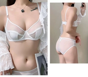 Close-up of white sheer mesh lingerie set featuring underwire bra and see-through fabric