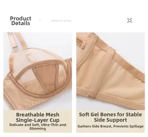 Detail view of breathable nude mesh lingerie showing single layer cup and soft support bone