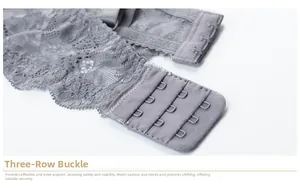 Detailed close-up of the adjustable three-row hook and eye closure on a grey lace bra