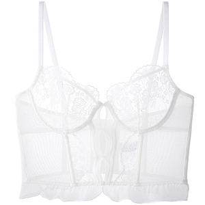 White lace corset bustier with floral embroidery, mesh panels and ruffle trim