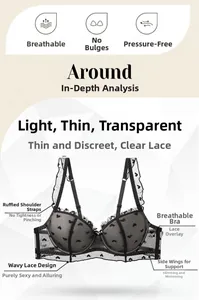 Detail of black lace bra featuring heart patterns and breathable mesh fabric textures