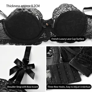Sexy French black lace bra with 0.2cm ultra-thin cups and back three-row hook closure