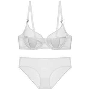 Sexy white mesh lingerie set with sheer underwire bra and matching panty for women