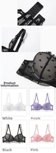 Detailed views of lace embroidery, adjustable straps, and multi-color lingerie options