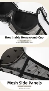 Detail of black lace bra featuring breathable honeycomb cups and heart polka dot mesh