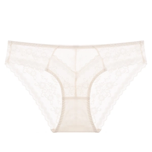 Elegant French style beige floral lace low waist panties with breathable mesh detail