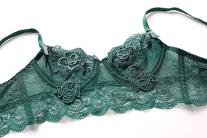 Detail of forest green lace bra featuring floral embroidery and sheer mesh texture
