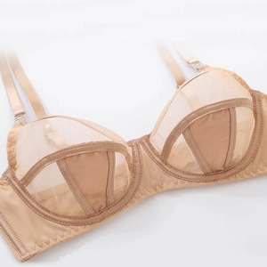 Sexy french ultra-thin mesh bra set for women with supportive underwire in beige